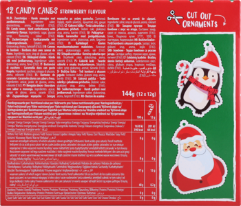 Tył opakowania 12 Candy Canes Strawberry 144g z informacjami o produkcie i wycinanymi ozdobami: pingwinem i Mikołajem.