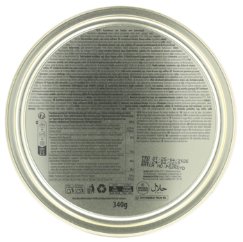 Metalowa pokrywka puszki na ciasteczka tradycyjnych 340g, widok z góry z nadrukiem informacji o produkcie.