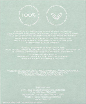 Tył jasnozielonego opakowania perfum Chloé, z białym tekstem o składzie 100% naturalnym, wegańskim i listą składników.