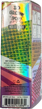 Tył opakowania rozświetlacza J.Cat 3D Glow Pop Holo Stick Lush Glare z hologramem i składem produktu.