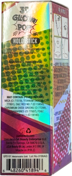 Side of holographic box for J.Cat Beauty 3D Glow Pop Holo Stick Metamorphic Gold, with ingredients & barcode.