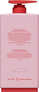 Tył różowego, energetyzującego żelu pod prysznic MOAN, z czerwonym aplikatorem i opisem produktu.