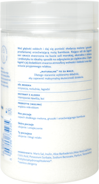 Tył opakowania soli do kąpieli Hagi Sky Grace. Przezroczyste pudełko, widoczne składniki: sól morska, aloes, prebiotyki.