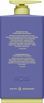 Tył fioletowego żelu pod prysznic MOAN DREAM z żółtą pompką. Widoczne hasło 'A Nourishing Ritual' i składniki: algi, baobab.