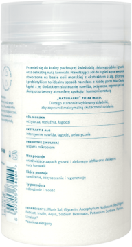 Tył białego słoika soli do kąpieli Hagi Aqua Whisper, widoczna lista składników i opis produktu.
