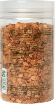 Bok przezroczystego słoiczka soli do kąpieli Hagi Terra Harmony, ukazujący brązowe kryształki soli himalajskiej.