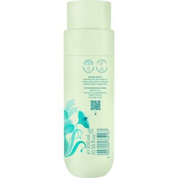 Tył opakowania żelu do ciała Hagi Woda Aqua Whisper, jasnozielonej butelki z turkusowym motywem, widoczny skład, 300ml.