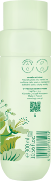 Tył opakowania kremowego żelu do ciała Terra Harmony 300ml, jasny zielony kolor, z zielonymi botanicznymi wzorami i ikonami eko.