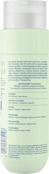 Tył zielonej butelki Hagi Sky Grace kojący żel do mycia ciała z białym korkiem i składem po polsku.