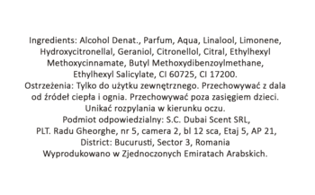 Tylna etykieta Rasasi Daarej Pour Femme, damskiej wody perfumowanej, z listą składników i krajem pochodzenia.