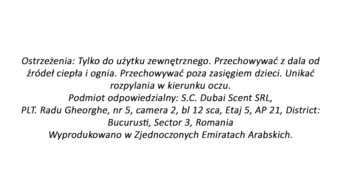 Etykieta perfum Rasasi Hawas Ice z polskim tekstem: ostrzeżenia, producent, adres i kraj pochodzenia.