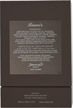 Tył brązowego opakowania perfum Rasasi Junoon Velvet Pour Homme, z widoczną listą składników i ostrzeżeniami.