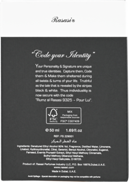 Tył czarnego opakowania perfum Rasasi Rumz Al Rasasi Zebra Pour Lui 50ml z białym tekstem, listą składników.