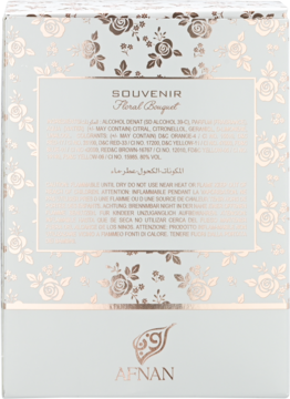 Tył opakowania perfum Afnan Souvenir Floral Bouquet, białe z różowo-złotymi kwiatami, tekst z informacjami.