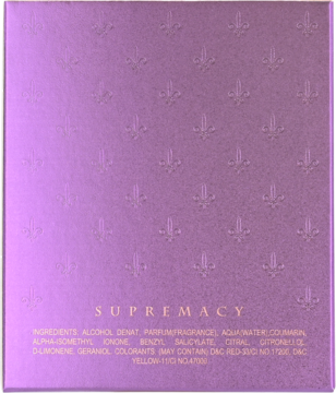 Tył fioletowego opakowania perfum Afnan Supremacy Purple z tłoczonym wzorem fleur-de-lis i listą składników.