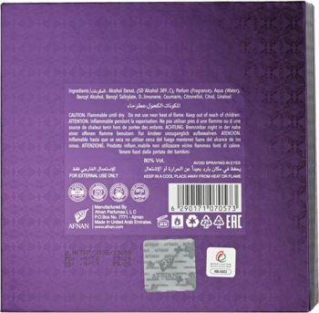 Afnan Turathi Purple Femme EDP, tył fioletowego opakowania z białymi napisami o składzie i certyfikatach.