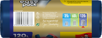 Tył złoto-brązowego opakowania worków na śmieci Jan Niezbędny Easy Pack 120L. Widoczny kod kreskowy i piktogramy rozmiarów.
