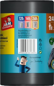 Zbliżenie na etykietę worków na śmieci Jan Niezbędny, pokazującą dostępne pojemności (120-240L) i symbol 100% recyklingu.