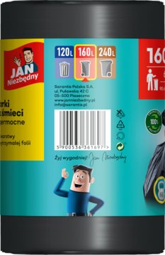 Czarna rolka worków Jan Niezbędny Supermocne 160L. Widok etykiety z logo i wyróżnioną pojemnością.