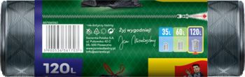 Tył zielonego opakowania worków na śmieci Jan Niezbędny Magnum Flex&Strong 120L, z kodem kreskowym.