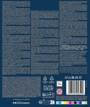 Tył niebieskiego opakowania ściereczki Vileda Pro Clean, z białymi tekstami, symbolami prania i kodem kreskowym.