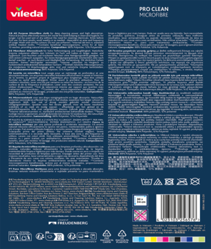 Tył opakowania ściereczek Vileda Pro Clean Microfibre, ciemnoniebieskie, biały tekst w wielu językach, kod kreskowy.