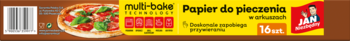 Żółte opakowanie papieru do pieczenia Jan Niezbędny Multi-Bake w arkuszach, z wizerunkiem pizzy i logo.