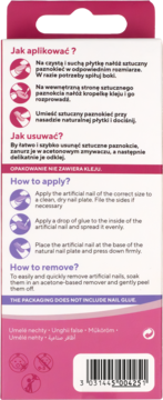 Tył różowo-białego opakowania sztucznych paznokci KillyS Pink Waves z instrukcjami PL/EN i info o braku kleju.