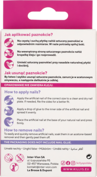 Tył różowo-białego opakowania sztucznych paznokci KillyS z instrukcjami aplikacji i usunięcia, bez kleju.