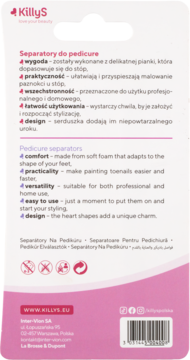 Tył różowo-białego opakowania KillyS separatorów do pedicure z opisem cech: miękka pianka, serduszka, łatwe w użyciu.