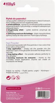 Tył opakowania KillyS Nail Powder, z polskim i angielskim opisem pyłku, widoczne instrukcje i kod kreskowy.
