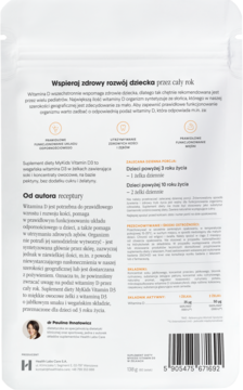 Tył białej, matowej torebki strunowej MyKids Vitamin D3, wegańskie żelki z witaminą D dla dzieci, polski opis.