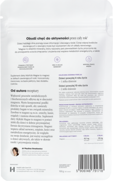 Tył białego opakowania MyKids Magne magnez w żelkach dla dzieci, etykieta z opisem, składem i kodem kreskowym.