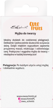 Opakowanie myjki do twarzy Ewa Schmitt Cute Fruits, biała karta z pomarańczowym logo i opisem.