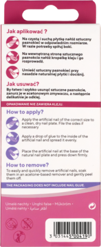 Tył różowo-białego opakowania KillyS sztucznych paznokci. Instrukcja PL/EN, kod kreskowy i ostrzeżenie o kleju.