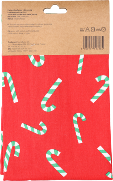 Tył opakowania świątecznego ręcznika kuchennego w czerwieni, z białymi i zielonymi laskami cukrowymi.