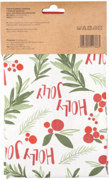 Tył brązowego opakowania świątecznego fartucha bawełnianego. Wzór: czerwone jagody, zielone liście, napis JOLLY.