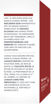 Kruidvat Wood & Chinese Pepper EDP, 50 ml. Białe opakowanie z czerwonobrunatnym bokiem i opisem nut.