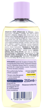 Tył przezroczystej butelki olejku Babydream na dobranoc lawendowego 250ml. Widoczna etykieta z tekstem i barcode.