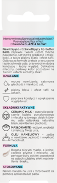 Widok tekstu etykiety Bielenda Glaze & Glow nawilżająco-rozświetlającego balsamu do ust, opis składników i działania.