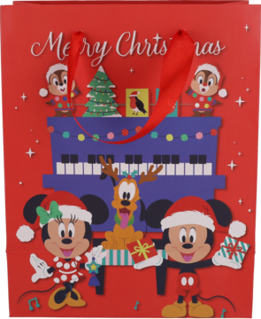 Czerwona świąteczna torba Disney z Myszką Miki, Minnie, Pluto i wiewiórkami przy pianinie, z prezentami.
