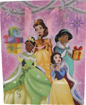 Różowa torba prezentowa Disney Księżniczki: Tiana, Bella, Dżasmina, Królewna Śnieżka z prezentami, świąteczna.