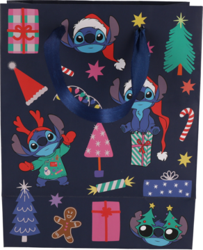 Granatowa torba prezentowa Disney Stitch świąteczna, z wizerunkami Sticha w czapkach Mikołaja i renifera, choinkami.