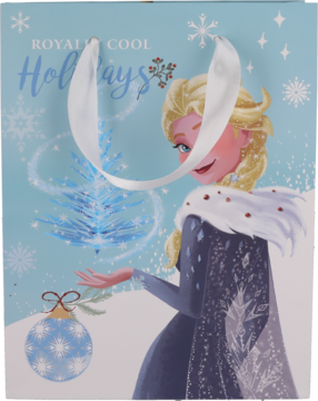 Błękitna torebka prezentowa Disney Frozen z Elsą w zimowej scenerii i białym, satynowym uchwytem.