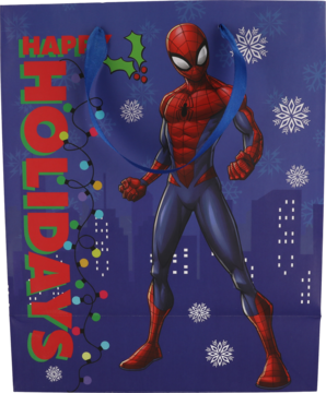 Niebieska świąteczna torba prezentowa z Marvel Spider-Manem, napisem 'Happy Holidays', lampkami i śnieżynkami.