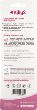 Tył opakowania KillyS dwustronnego odpychacza do skórek. Widoczny barcode, opisy funkcji i tipsy po angielsku.