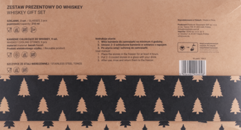 Tył kartonowego opakowania zestawu prezentowego do whisky z instrukcjami i świątecznym wzorem choinek.