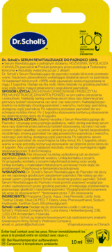Tył żółtego opakowania serum Dr. Scholl's Rewitalizujące do Paznokci 10ml, polskie instrukcje i skład.