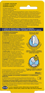 Tył żółtego opakowania Dr.Scholl's Freeze Away Max™ na kurzajki, z polskimi napisami i ilustracjami użycia.