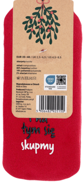 Tył opakowania czerwonych skarpetek z jemiołą. Widoczne rozmiary, skład (80% bawełny) i certyfikat OEKO-TEX.